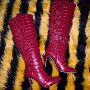 Red Crocodile-Embossed Knee-High Boots
